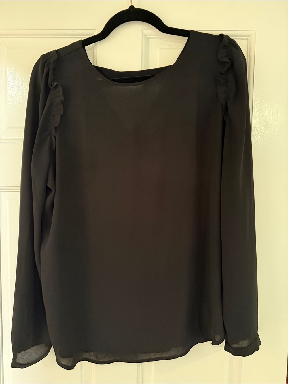 LOFT Black Long-Sleeve Ruffle-Shoulder Blouse